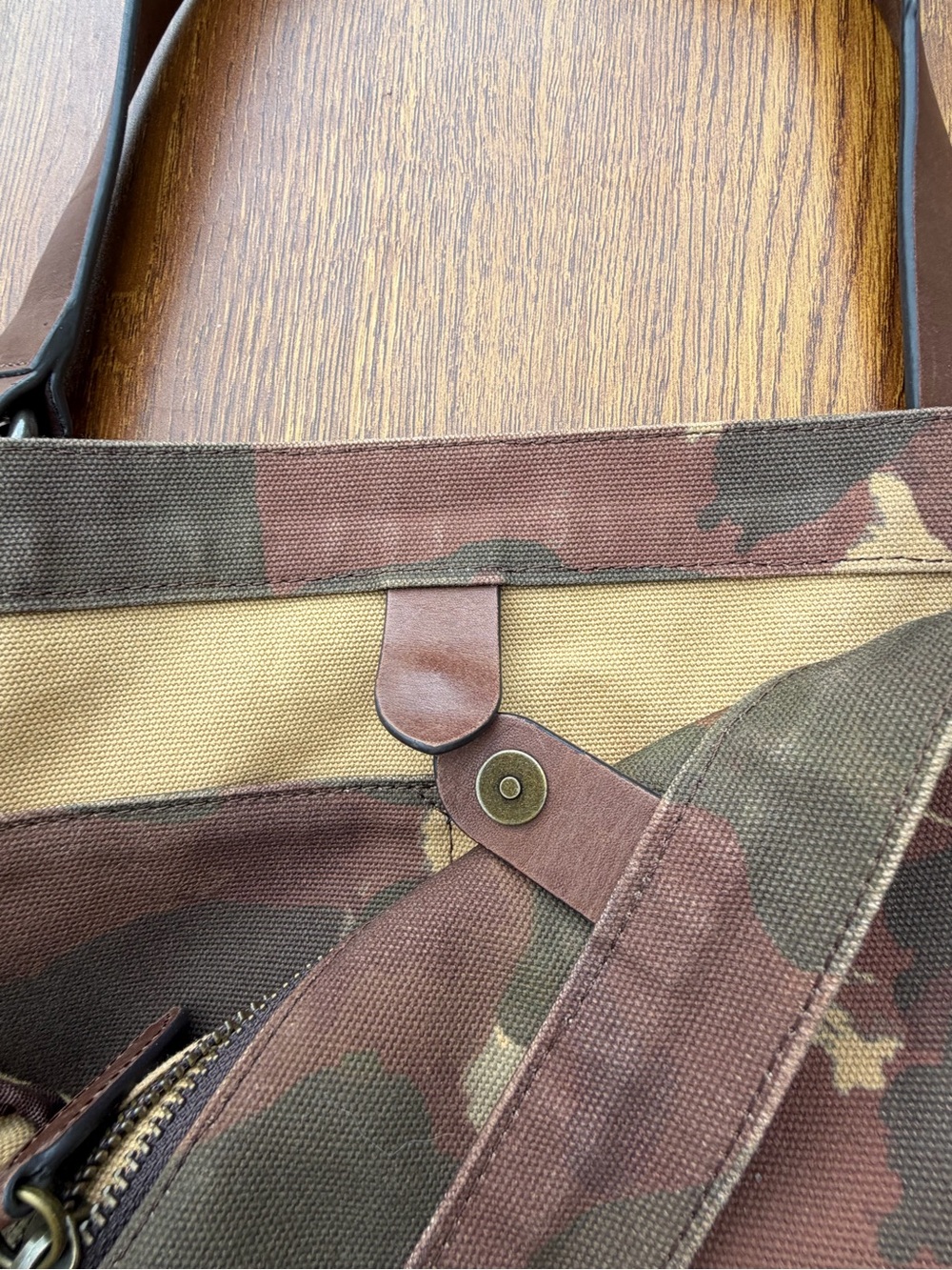 Frye Camo Canvas Leather Tote Bag Large Shoulder Shopper Brown Green - Picture 13 of 16